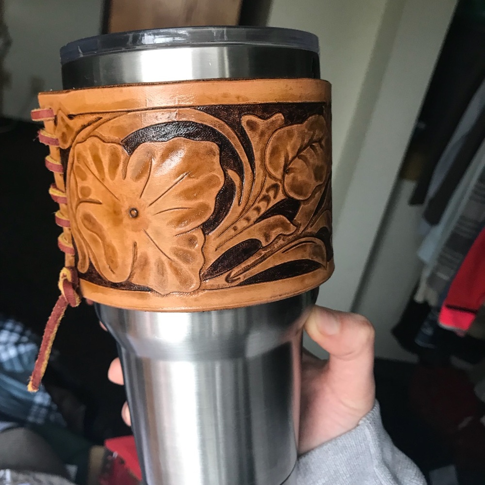 Tooled leather tumbler wrap